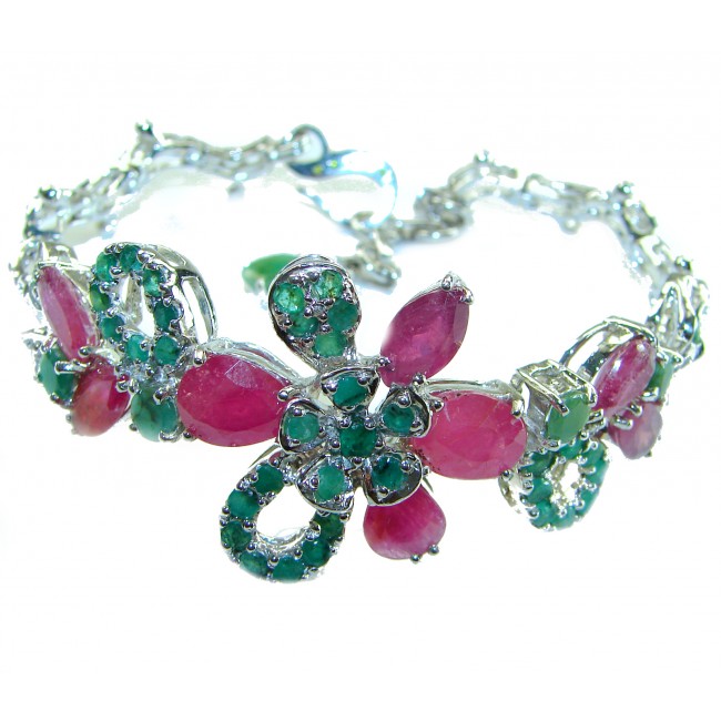 Gabriella 74.2 carat authentic Ruby Emerald .925 Sterling Silver handcrafted Statement Bracelet - Close-up of Gabriella 74.2 ct Ruby Emerald bracelet in .925 Sterling Silver