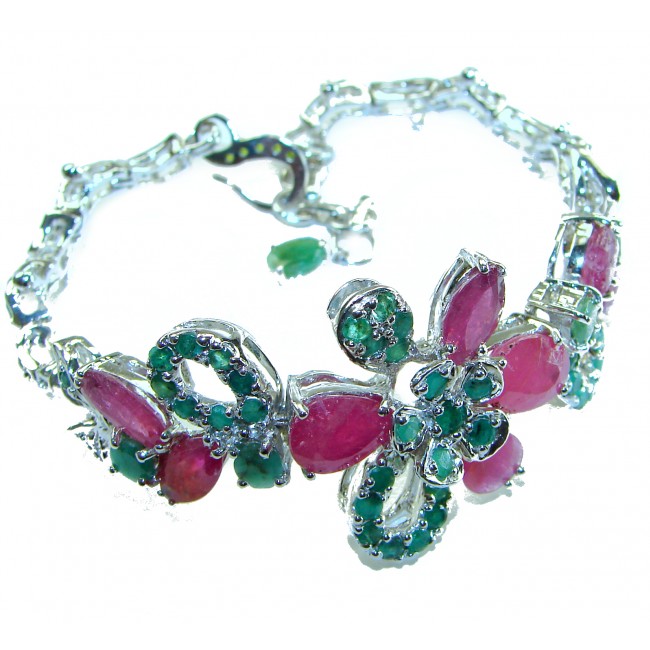 Gabriella 74.2 carat authentic Ruby Emerald .925 Sterling Silver handcrafted Statement Bracelet - Close-up of Gabriella 74.2 carat Ruby Emerald bracelet in sterling silver