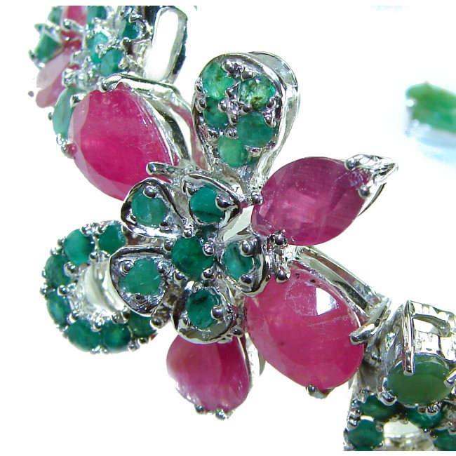 Gabriella 74.2 carat authentic Ruby Emerald .925 Sterling Silver handcrafted Statement Bracelet - Ruby and emerald flower close-up, Gabriella bracelet in sterling silver.