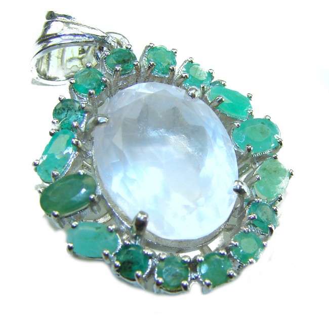 Vintage style Beauty genuine 10.5 carat Rose Quartz Emerald .925 Sterling Silver handmade Pendant - Close-up of vintage pendant with rose quartz and emerald stones.