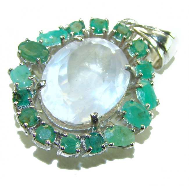 Vintage style Beauty genuine 10.5 carat Rose Quartz Emerald .925 Sterling Silver handmade Pendant - Close-up of vintage rose quartz and emerald pendant.