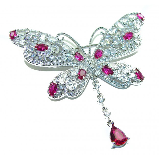 Vintage Design - Red Butterfly - Genuine 10.2 carat Ruby 14k White Gold over .925 Sterling Silver handmade Pendant Brooch - photo 4