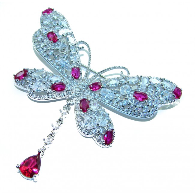 Vintage Design - Red Butterfly - Genuine 10.2 carat Ruby 14k White Gold over .925 Sterling Silver handmade Pendant Brooch - photo 3
