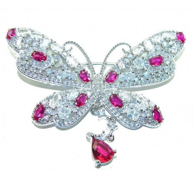 Vintage Design - Red Butterfly - Genuine 10.2 carat Ruby 14k White Gold over .925 Sterling Silver handmade Pendant Brooch - photo 2