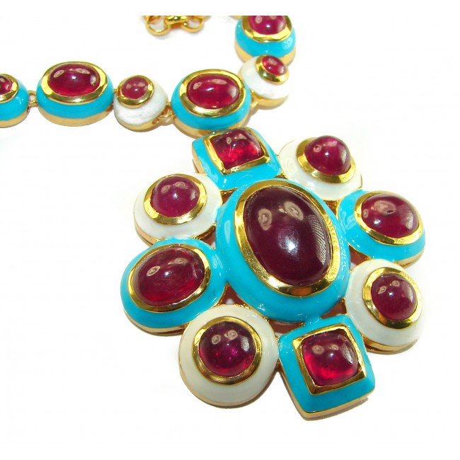 Outstanding - Red Rose - Authentic Kashmir 155.8 carat Ruby Enamel 18K Gold over .925 Sterling Silver handcrafted Station necklace