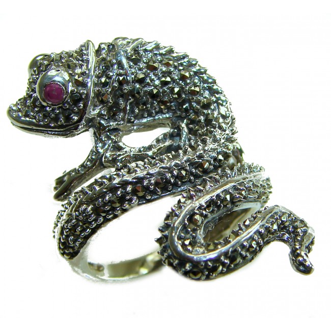 Lizard Natural Marcasite Ruby .925 Statement Sterling Silver ring size 7