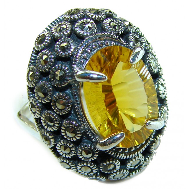 Golden Royalty 14.5 carat Citrine Marcasite .925 Sterling Silver Handcrafted Huge Ring size 8