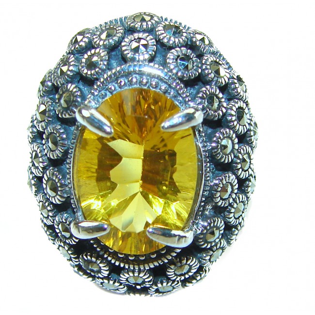 Golden Royalty 14.5 carat Citrine Marcasite .925 Sterling Silver Handcrafted Huge Ring size 8