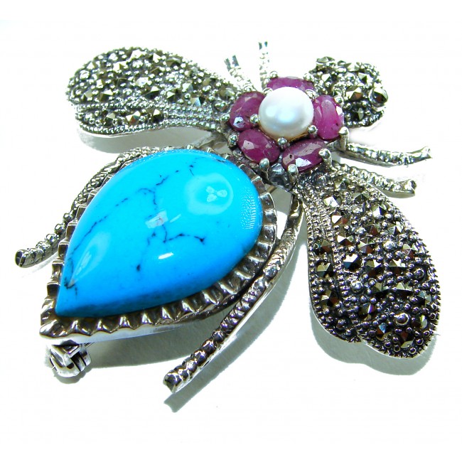 Blue Bee genuine INLAY Turquoise Marcasite .925 Sterling Silver handmade Pendant - Brooch