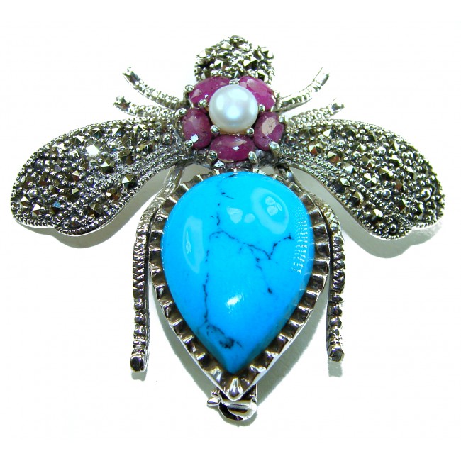 Blue Bee genuine INLAY Turquoise Marcasite .925 Sterling Silver handmade Pendant - Brooch