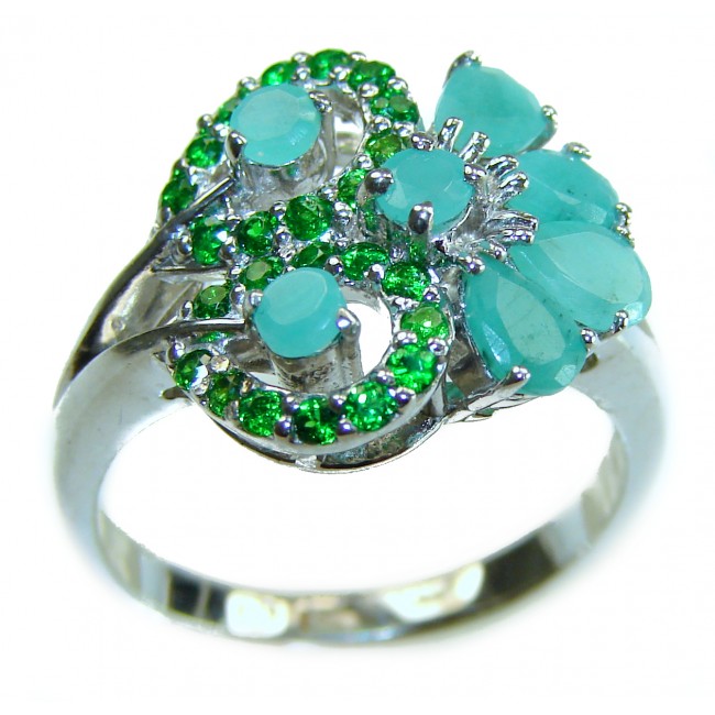 Vintage style - Timless Beauty 8.5 carat Emerald .925 Sterling Silver handcrafted Statement Ring size 7 3/4 - Close-up of vintage-style emerald and turquoise ring on white background.