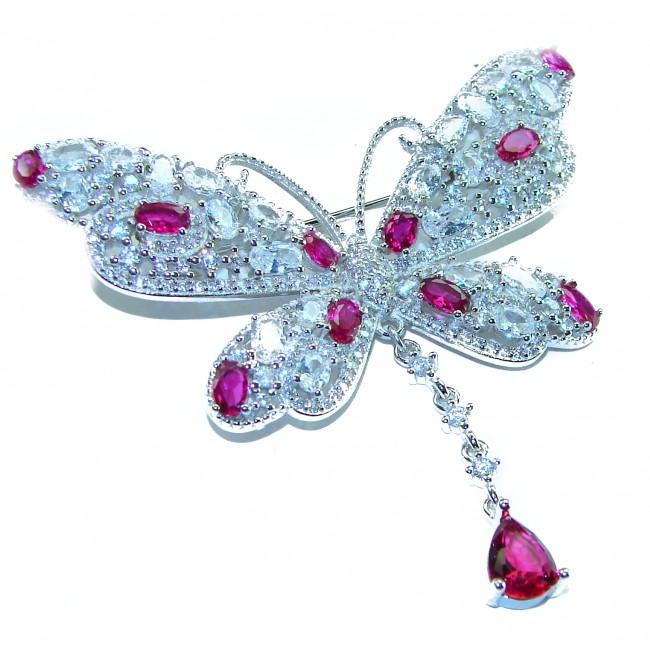 Vintage Design - Red Butterfly - Genuine 10.2 carat Ruby 14k White Gold over .925 Sterling Silver handmade Pendant Brooch - photo 4