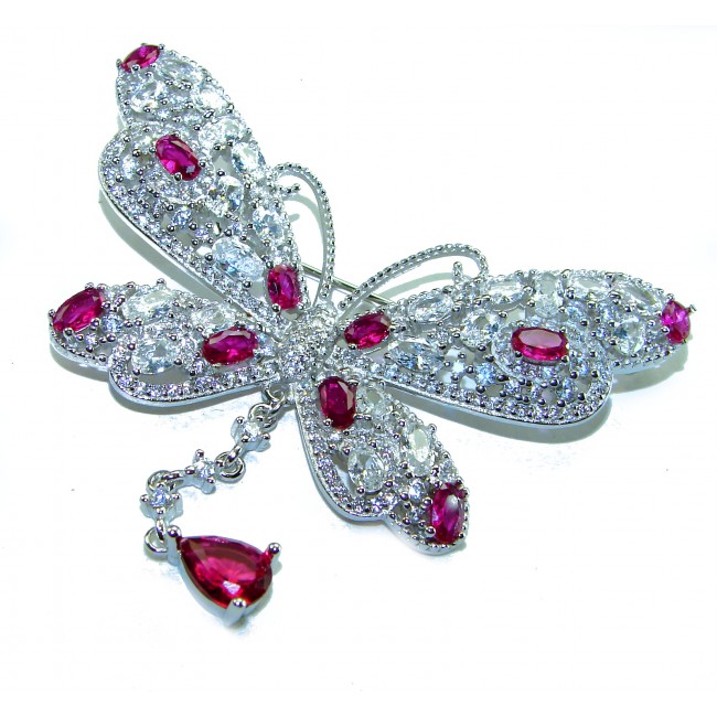 Vintage Design - Red Butterfly - Genuine 10.2 carat Ruby 14k White Gold over .925 Sterling Silver handmade Pendant Brooch - photo 3