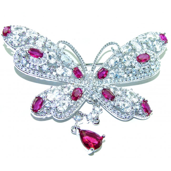Vintage Design - Red Butterfly - Genuine 10.2 carat Ruby 14k White Gold over .925 Sterling Silver handmade Pendant Brooch - photo 2