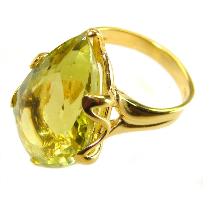 8.8 carat Genuine Lemon Quartz 14K Gold over .925 Sterling Silver handcrafted ring size 6 - Side view of 8.8 carat lemon quartz ring in 14K gold over sterling silver