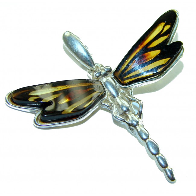 Dragonfly Natural CARVED Baltic Amber .925 Sterling Silver handmade Pendant