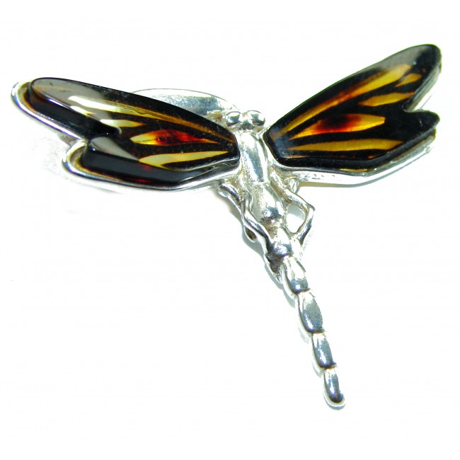 Dragonfly Natural CARVED Baltic Amber .925 Sterling Silver handmade Pendant