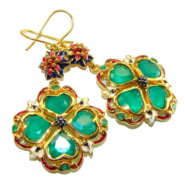 Esmeralda - Very Unique Green Jade Enamel 18K Gold over .925 Sterling Silver handcrafted earrings