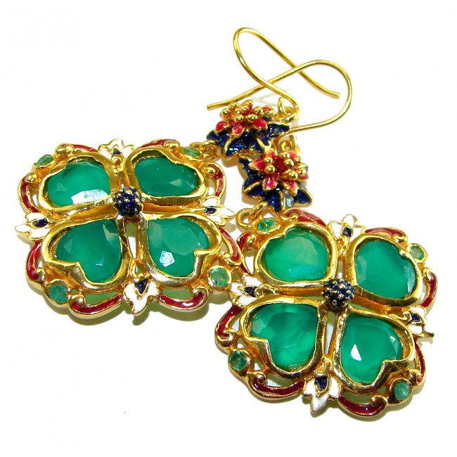 Esmeralda - Very Unique Green Jade Enamel 18K Gold over .925 Sterling Silver handcrafted earrings