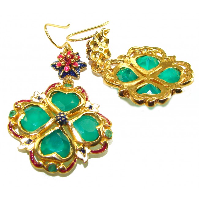 Esmeralda - Very Unique Green Jade Enamel 18K Gold over .925 Sterling Silver handcrafted earrings