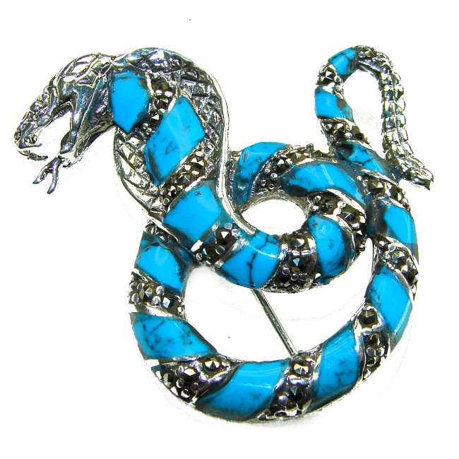 Cobra Snake inlay Turquoise .925 Sterling Silver handcrafted Brooch