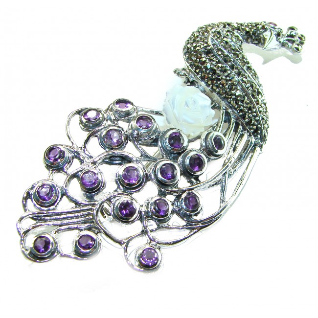 Huge Natural Amethyst Peacock .925 Sterling Silver Large Brooch