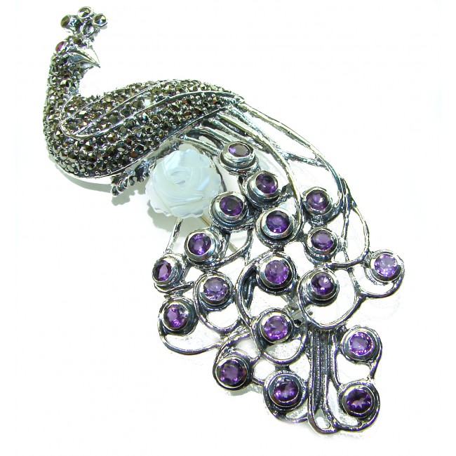 Huge Natural Amethyst Peacock .925 Sterling Silver Large Brooch