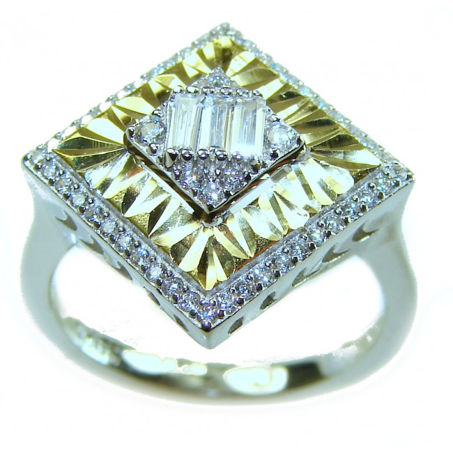 Art Deco 15.2 carat White Topaz 2 tones .925 Silver handcrafted Cocktail Ring s. 8 - Angle view of an Art Deco white topaz and silver ring with intricate design.