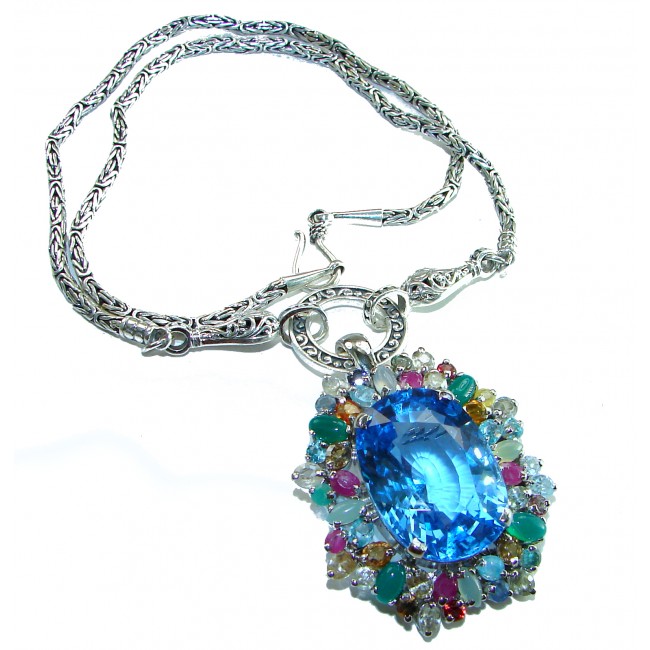 Atlantica - 88.5 carat genuine Swiss Blue Topaz l high-quality 925 sterling silver perfectly handmade Statement necklace- pendant- brooch