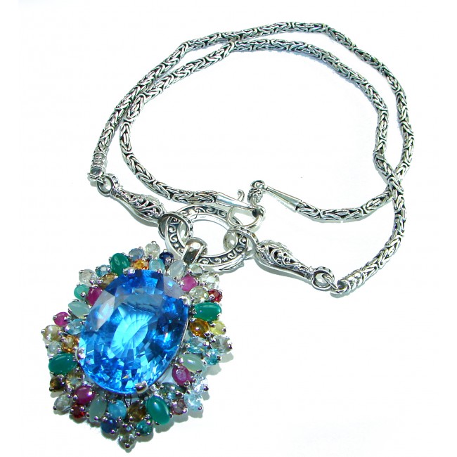 Atlantica - 88.5 carat genuine Swiss Blue Topaz l high-quality 925 sterling silver perfectly handmade Statement necklace- pendant- brooch