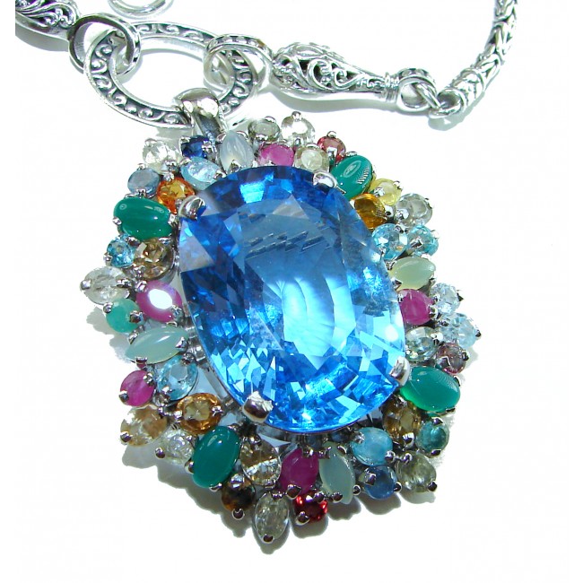 Atlantica - 88.5 carat genuine Swiss Blue Topaz l high-quality 925 sterling silver perfectly handmade Statement necklace- pendant- brooch
