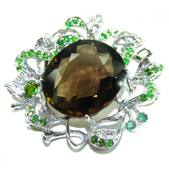 Authentic 55.5 carat carved Smoky Topaz Emerald .925 Sterling Silver handmade Statement Pendant - photo 2