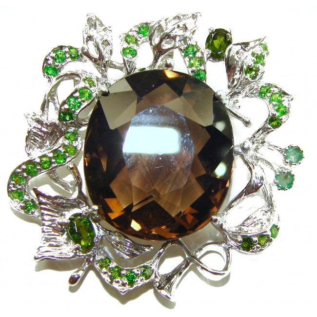 Authentic 55.5 carat carved Smoky Topaz Emerald .925 Sterling Silver handmade Statement Pendant - photo 1