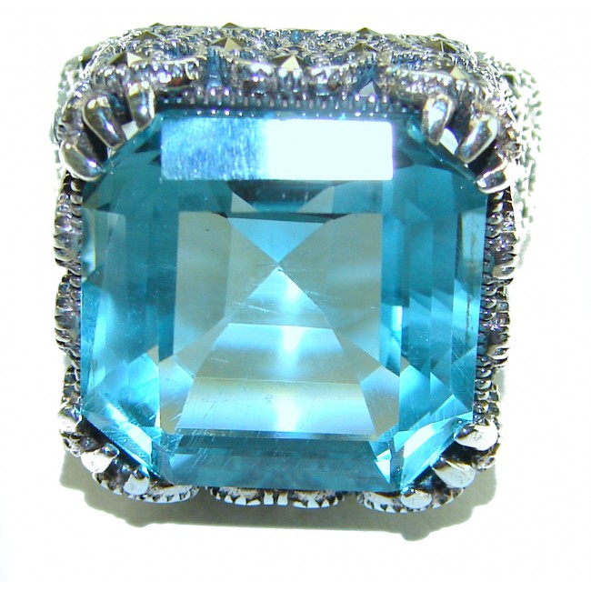 Massive Deep Blue 35.8 carat Aquamarine .925 Sterling Silver handcrafted Large ring size 8