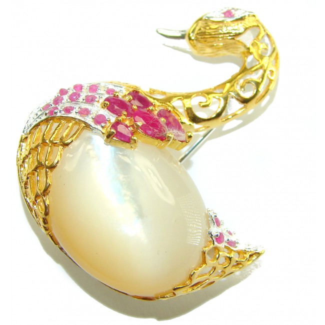 Perfect Swan Blister Pearl Ruby 18K Gold over .925 Sterling Silver handmade Pendant Brooch