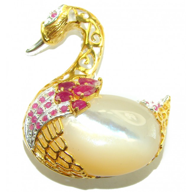Perfect Swan Blister Pearl Ruby 18K Gold over .925 Sterling Silver handmade Pendant Brooch