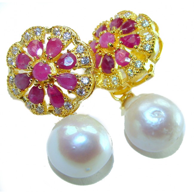 Born to Glam authentic 15.2 carat Ruby Pearl 18K Gold over .925 Sterling Silver handcrafted earrings