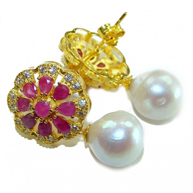 Born to Glam authentic 15.2 carat Ruby Pearl 18K Gold over .925 Sterling Silver handcrafted earrings