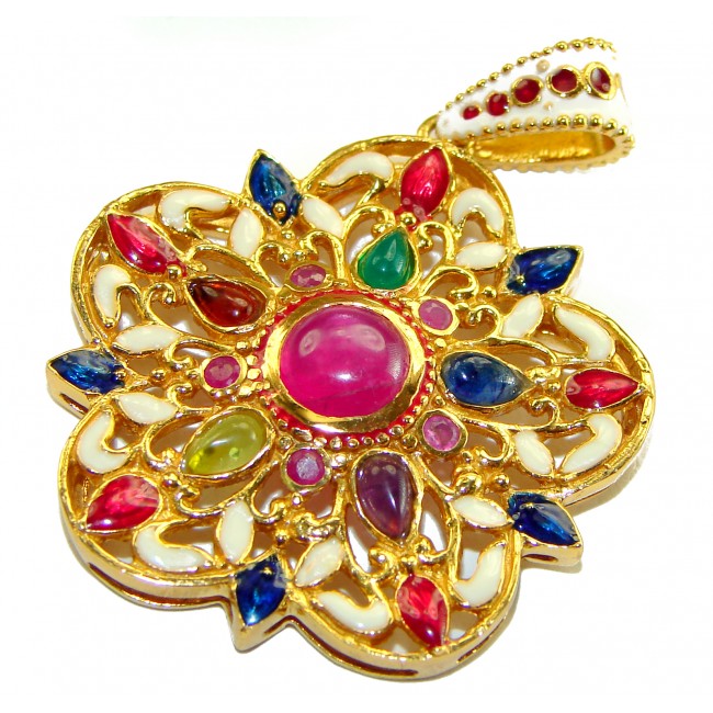 Circle of Life * Deluxe 8.2 carat authentic Ruby enamel 18K Gold over .925 Sterling Silver handmade Pendant - Close-up of Circle of Life pendant, colorful gemstones and enamel design.