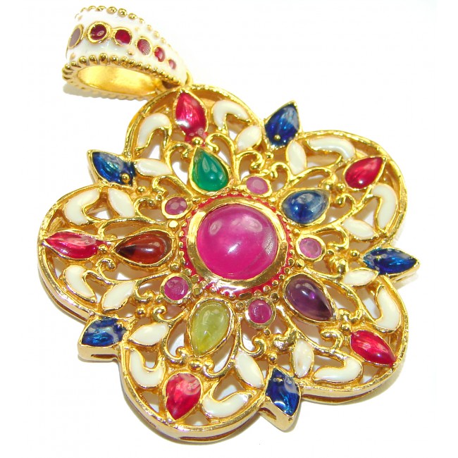 Circle of Life * Deluxe 8.2 carat authentic Ruby enamel 18K Gold over .925 Sterling Silver handmade Pendant - Close-up of Circle of Life pendant with colorful gemstones and enamel.