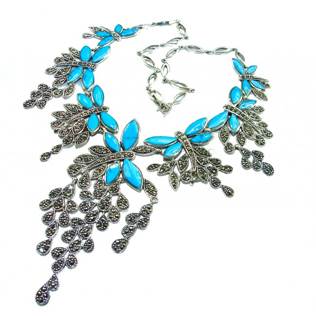 HUGE 77.9 grams Seven Butterflies design genuine Turquoise .925 Sterling Silver handcrafted Necklace