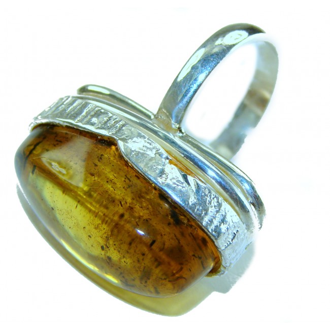 Beauty of the Nature Baltic Amber .925 Sterling Silver handcrafted HUGE ring; s. 7 adjustable - Baltic amber ring side view in .925 sterling silver setting