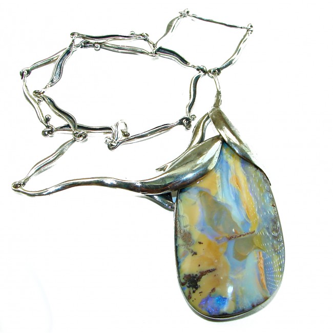 Spectacular 65.8 CARAT Australian Boulder Opal .925 Sterling Silver brilliantly handcrafted necklace
