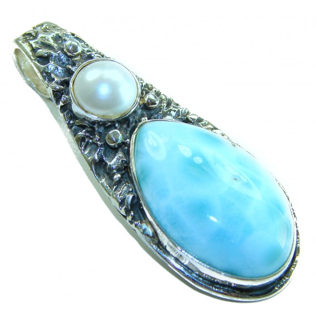 Natural Larimar Pearl oxidized .925 Sterling Silver handcrafted pendant - Close-up of natural Larimar and pearl pendant in oxidized sterling silver.