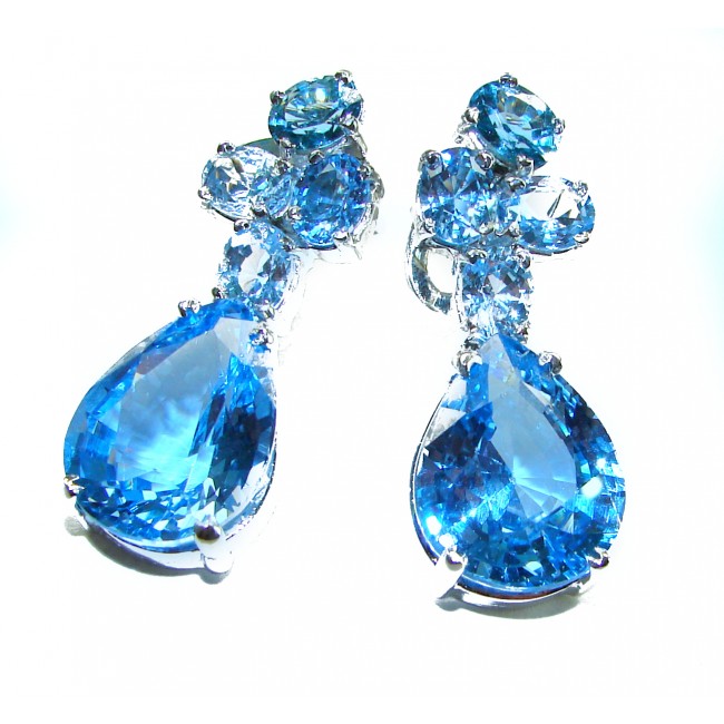 Blue Odyssey 29.5 carat authentic Swiss Blue Topaz .925 Sterling Silver handmade Statement earrings - photo 3