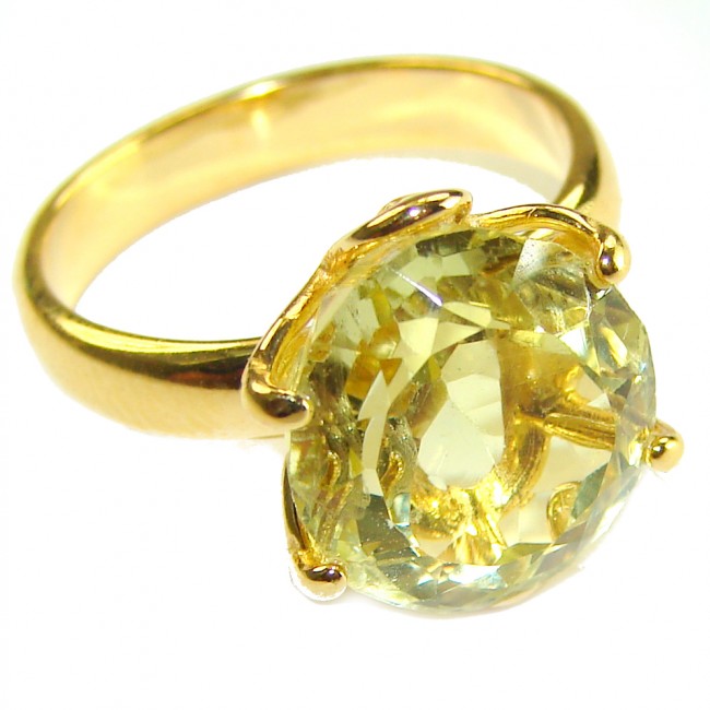 Solid 10.8 carat Genuine Lemon Quartz 14K Gold over .925 Sterling Silver handcrafted ring size 6 1/4 - Close-up of lemon quartz ring with 14K gold over sterling silver setting.