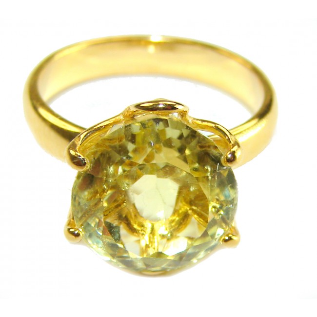Solid 10.8 carat Genuine Lemon Quartz 14K Gold over .925 Sterling Silver handcrafted ring size 6 1/4 - Close-up of a lemon quartz ring in 14K gold over .925 silver.