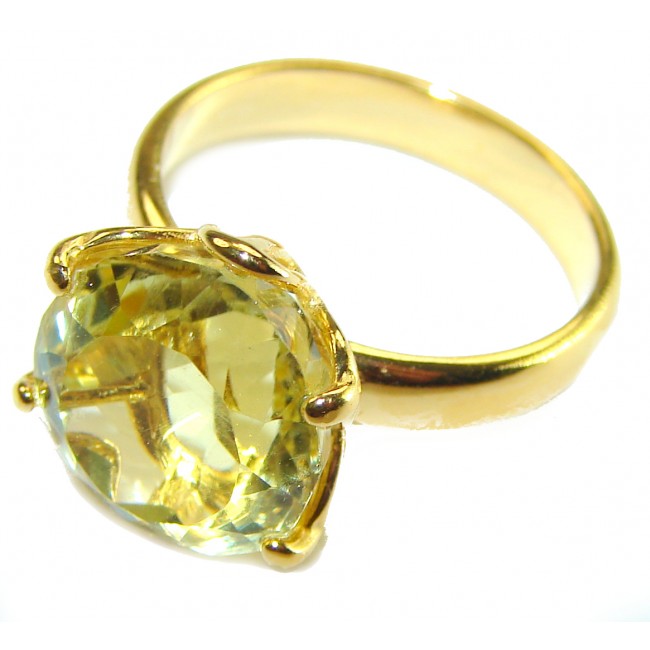 Solid 10.8 carat Genuine Lemon Quartz 14K Gold over .925 Sterling Silver handcrafted ring size 6 1/4 - Close-up of lemon quartz ring with 14K gold over .925 silver.