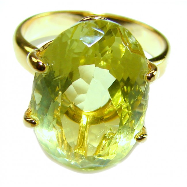 Solid 14.8 carat Genuine Lemon Quartz 14K Gold over .925 Sterling Silver handcrafted ring size 7 - Close-up of lemon quartz ring in 14K gold setting.