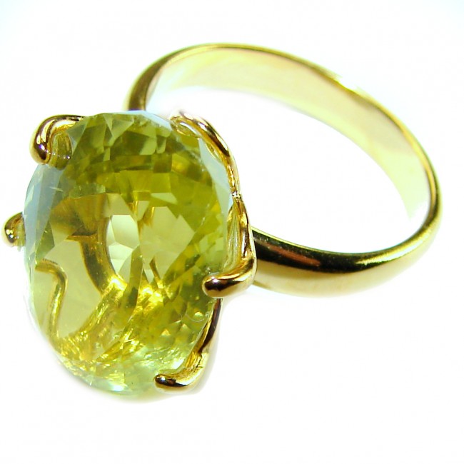 Solid 14.8 carat Genuine Lemon Quartz 14K Gold over .925 Sterling Silver handcrafted ring size 7 - Close-up of lemon quartz ring in 14K gold over silver.